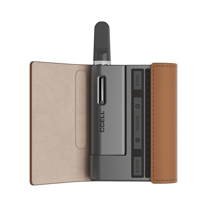 The CCELL Fino vape, with tan carrying case and built-in battery bank